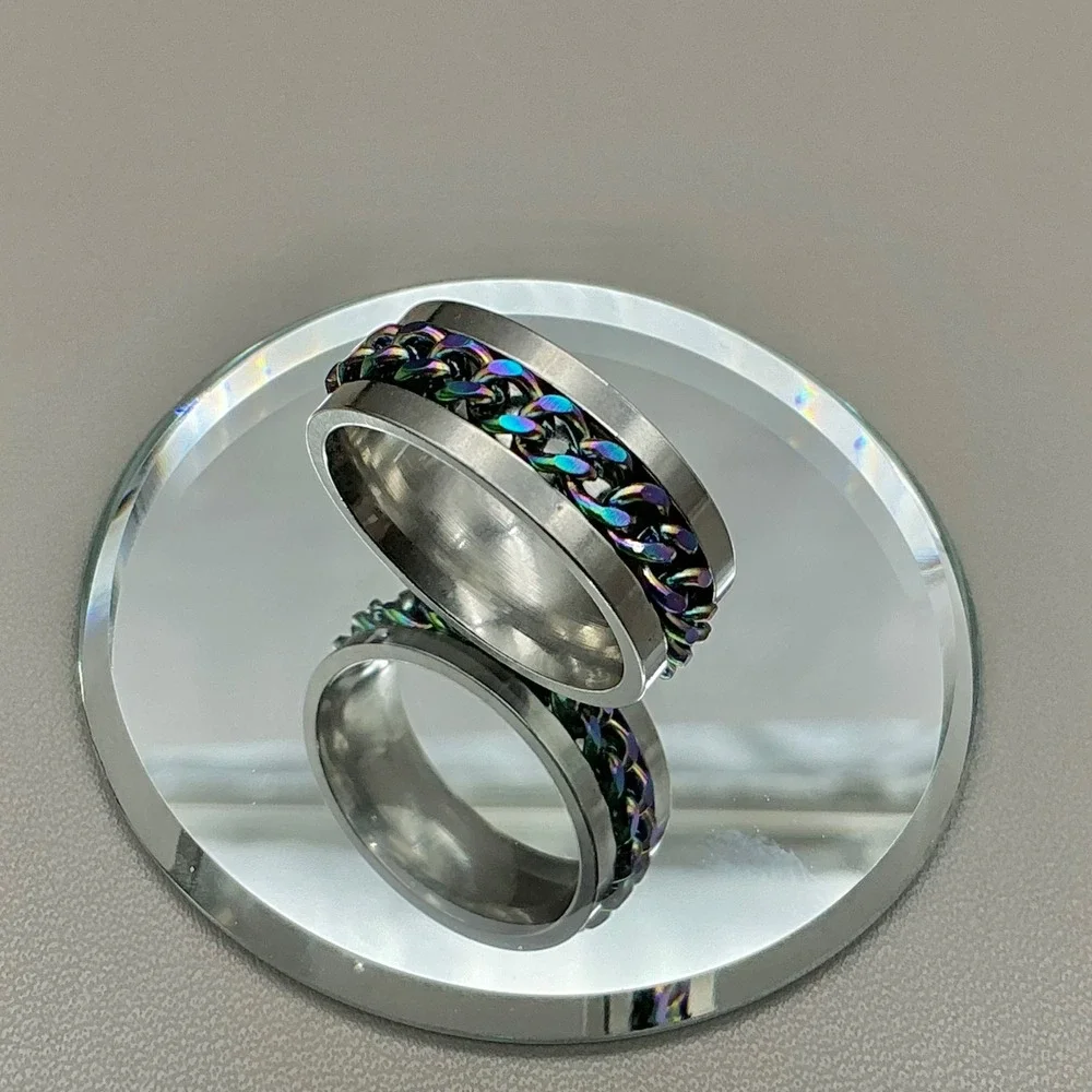 Ring Women Silver Tone Rainbow Iridescent Curb Chain Spinner Band Size 8